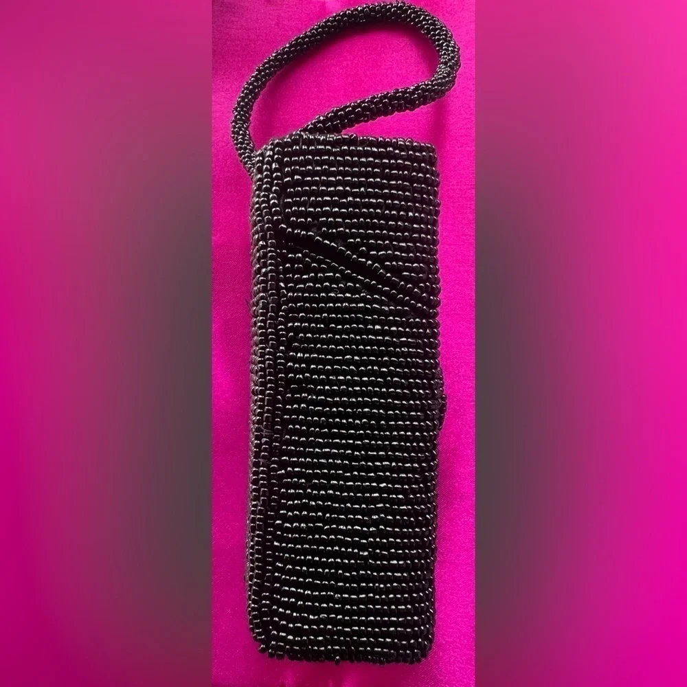 BEADED black cosmetic rectangle cosmetic/ evening mini bag with built in mirror